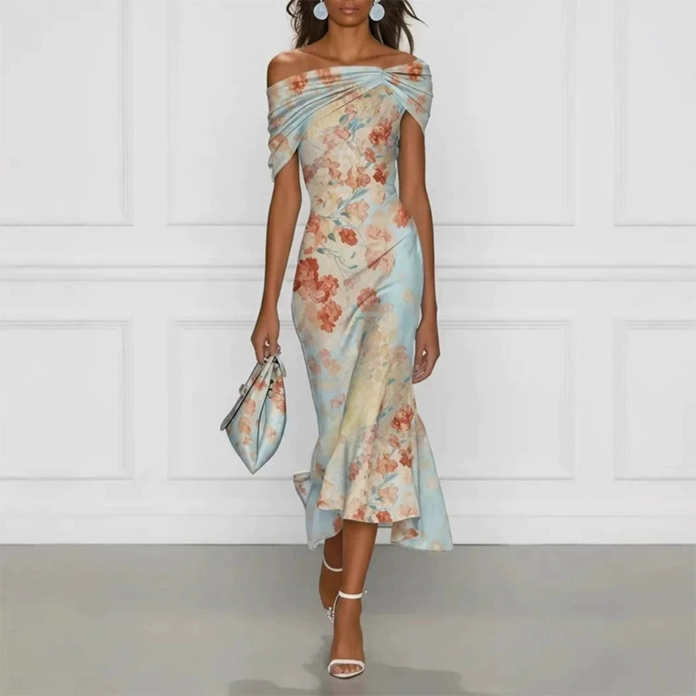ZARA Elegant Off Shoulder Bodycon Dress Botanical Print